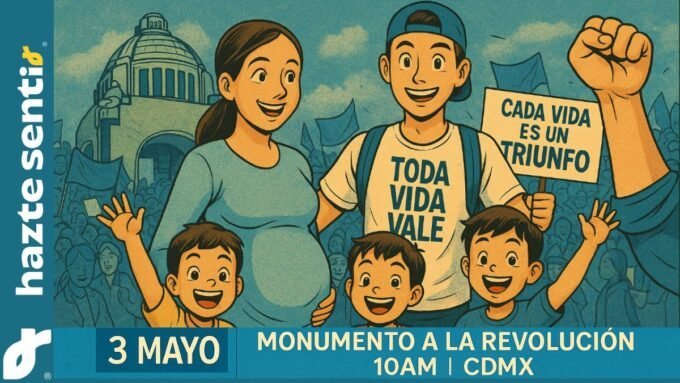 Familias y jóvenes marchando en la Ciudad de México en la Marcha por la Vida 2025 bajo el lema Cada vida es un triunfo.
