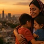 Madre mexicana con rebozo abrazando a sus hijos frente a la Ciudad de México al atardecer (Día de la Madre 2025)