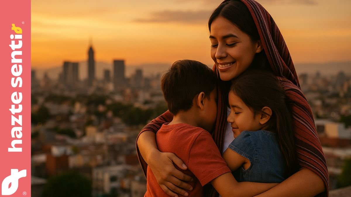 Madre mexicana con rebozo abrazando a sus hijos frente a la Ciudad de México al atardecer (Día de la Madre 2025)
