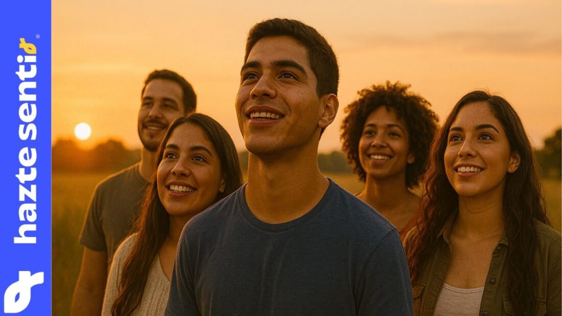 Grupo de jóvenes latinos mirando con esperanza hacia el horizonte al atardecer, simbolizando la respuesta al llamado de Dios.