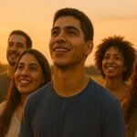 Grupo de jóvenes latinos mirando con esperanza hacia el horizonte al atardecer, simbolizando la respuesta al llamado de Dios.