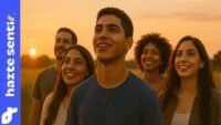 Grupo de jóvenes latinos mirando con esperanza hacia el horizonte al atardecer, simbolizando la respuesta al llamado de Dios.