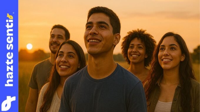 Grupo de jóvenes latinos mirando con esperanza hacia el horizonte al atardecer, simbolizando la respuesta al llamado de Dios.
