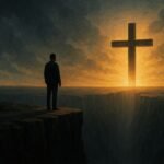 Persona de pie al borde de un abismo frente a una cruz luminosa, simbolizando la decisión de México entre la fe en Dios y el vacío ideológico.