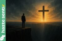 Persona de pie al borde de un abismo frente a una cruz luminosa, simbolizando la decisión de México entre la fe en Dios y el vacío ideológico.