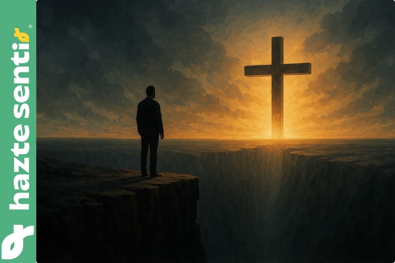 Persona de pie al borde de un abismo frente a una cruz luminosa, simbolizando la decisión de México entre la fe en Dios y el vacío ideológico.