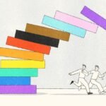 Ilustración de una familia huyendo mientras bloques con colores de ideologías caen sobre ellos, simbolizando el peligro cultural que enfrenta la familia