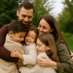 Familia abrazándose en un entorno natural, símbolo de la ecología de la persona humana