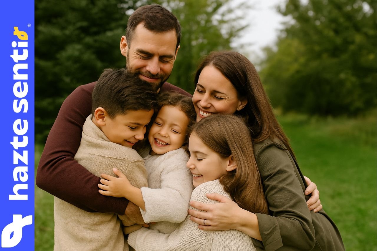 Familia abrazándose en un entorno natural, símbolo de la ecología de la persona humana