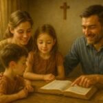 Padre y madre enseñando valores a sus hijos en el hogar, representando a la familia como primera escuela de formación