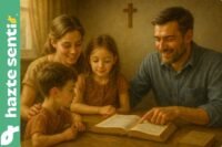 Padre y madre enseñando valores a sus hijos en el hogar, representando a la familia como primera escuela de formación