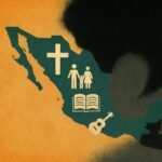 Mapa de México con símbolos culturales y una ola negra cubriendo el país, representando el asedio de la cultura woke.