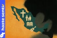 Mapa de México con símbolos culturales y una ola negra cubriendo el país, representando el asedio de la cultura woke.