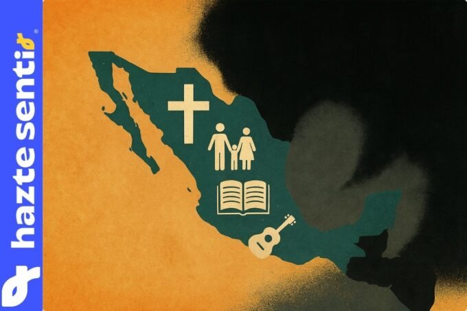 Mapa de México con símbolos culturales y una ola negra cubriendo el país, representando el asedio de la cultura woke.