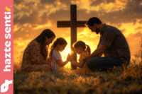 Familia mexicana orando unida frente a una cruz al atardecer, símbolo de la libertad de los padres para transmitir la fe y los valores cristianos en el hogar.