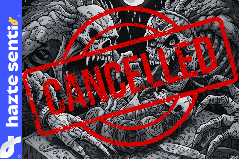 Decoraciones de Halloween con escenas violentas y figuras sangrientas en la calle, observadas por niños.