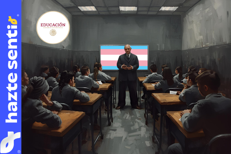 aula escolar con manual sobre infancias trans y no binarias de la SEP