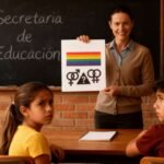 Docente frente a pizarrón con símbolos educativos; denuncia del adoctrinamiento en las aulas SEP y defensa de la objeción de conciencia
