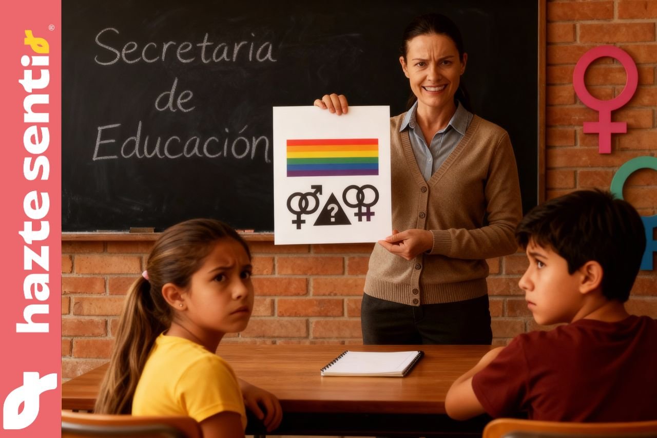 Docente frente a pizarrón con símbolos educativos; denuncia del adoctrinamiento en las aulas SEP y defensa de la objeción de conciencia