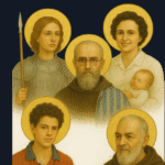 Retrato de santos católicos — Juana de Arco, Maximiliano Kolbe, Gianna Beretta Molla, Carlo Acutis y Padre Pío, inspirando el artículo “Conocer la vida de los santos puede transformar tu vida” de Hazte Sentir.
