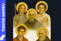Retrato de santos católicos — Juana de Arco, Maximiliano Kolbe, Gianna Beretta Molla, Carlo Acutis y Padre Pío, inspirando el artículo “Conocer la vida de los santos puede transformar tu vida” de Hazte Sentir.