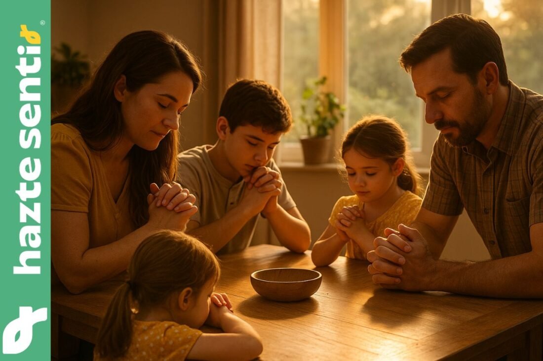 Familia mexicana orando en casa, símbolo de fe y esperanza cristiana.