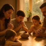 Familia mexicana orando en casa, símbolo de fe y esperanza cristiana.