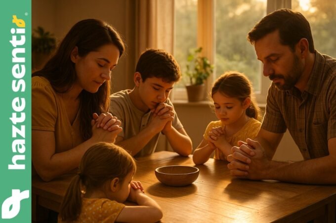 Familia mexicana orando en casa, símbolo de fe y esperanza cristiana.