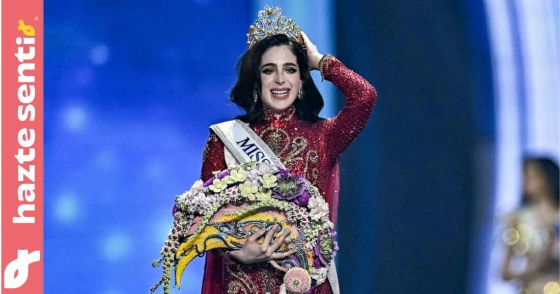 Fátima Bosch celebrando su coronación como Miss Universo 2025 con la banda y la corona, imagen editorial de Hazte Sentir