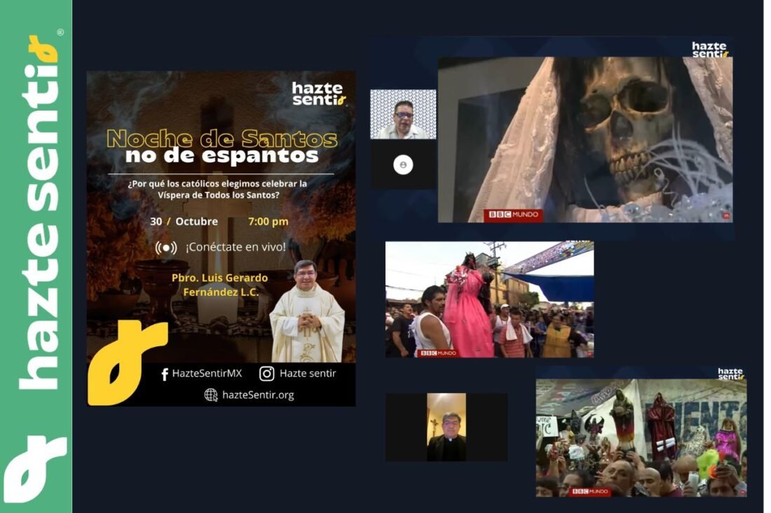 El P. Luis Gerardo Fernández durante la conferencia “Noche de Santos, no de espantos”, explicando por qué Halloween no es una fiesta inocente para los católicos.