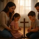 Familia mexicana orando junta alrededor de la mesa en su hogar, representando la misión espiritual de los padres como primeros evangelizadores.