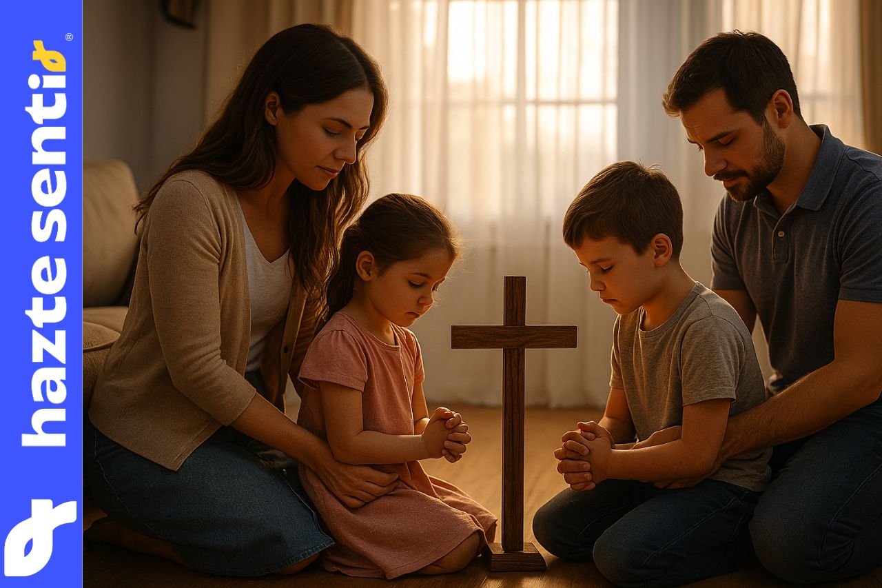 Familia mexicana orando junta alrededor de la mesa en su hogar, representando la misión espiritual de los padres como primeros evangelizadores.