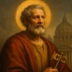 San Pedro primer Papa con las llaves del Reino y fondo del Vaticano