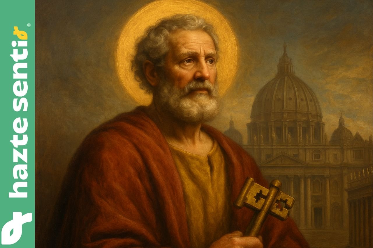 San Pedro primer Papa con las llaves del Reino y fondo del Vaticano
