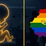Contraste entre la defensa de la vida en el Congreso de Guanajuato y la aprobación del matrimonio igualitario, representado por un bebé iluminado y el mapa de Guanajuato con la bandera LGBT.