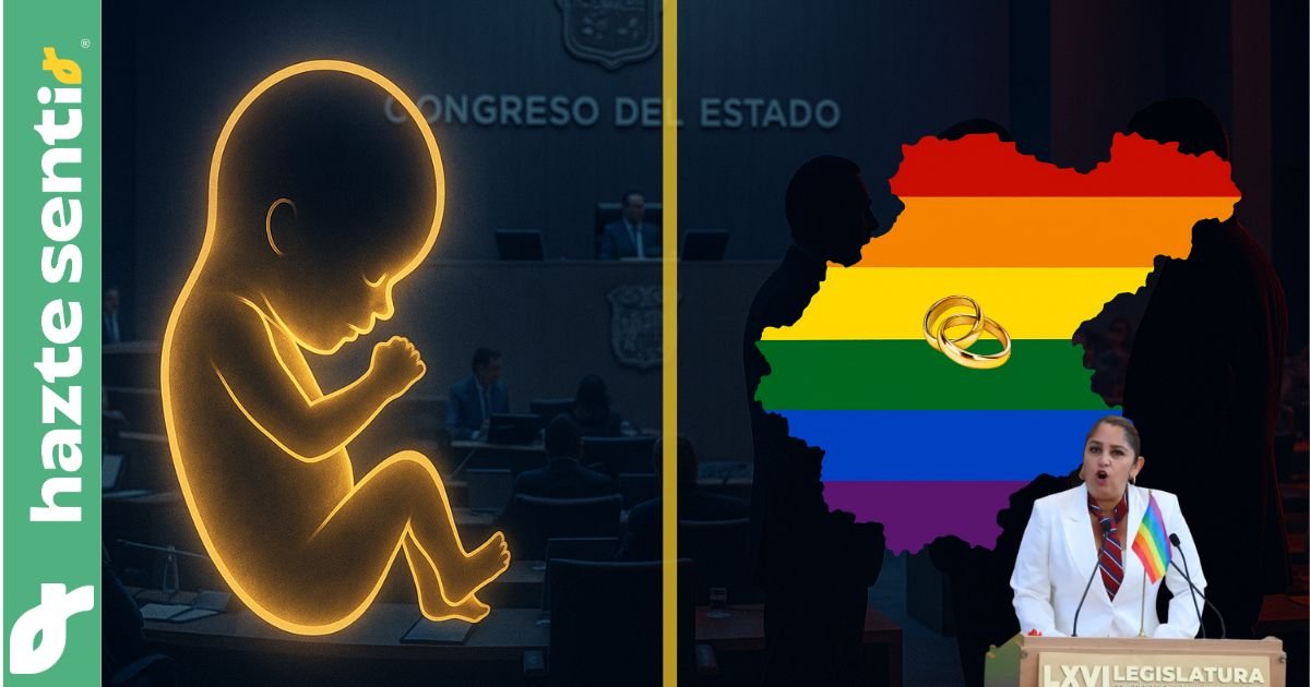 Contraste entre la defensa de la vida en el Congreso de Guanajuato y la aprobación del matrimonio igualitario, representado por un bebé iluminado y el mapa de Guanajuato con la bandera LGBT.