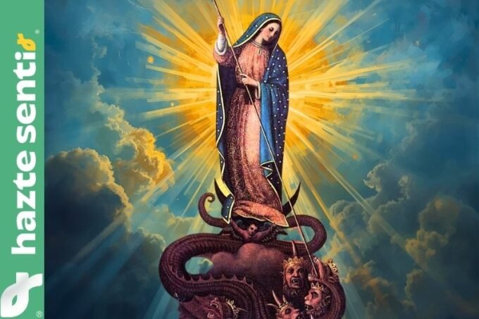 La Virgen de Guadalupe aplastando la serpiente, símbolo de la batalla espiritual en México.
