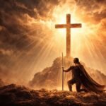 Caballero arrodillado ante una cruz luminosa que simboliza la alegría combativa, la verdad y la resistencia frente al nihilismo