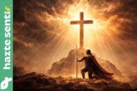 Caballero arrodillado ante una cruz luminosa que simboliza la alegría combativa, la verdad y la resistencia frente al nihilismo