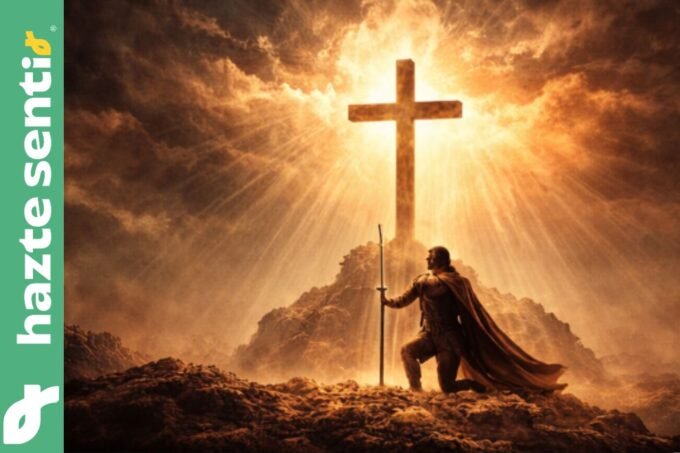 Caballero arrodillado ante una cruz luminosa que simboliza la alegría combativa, la verdad y la resistencia frente al nihilismo