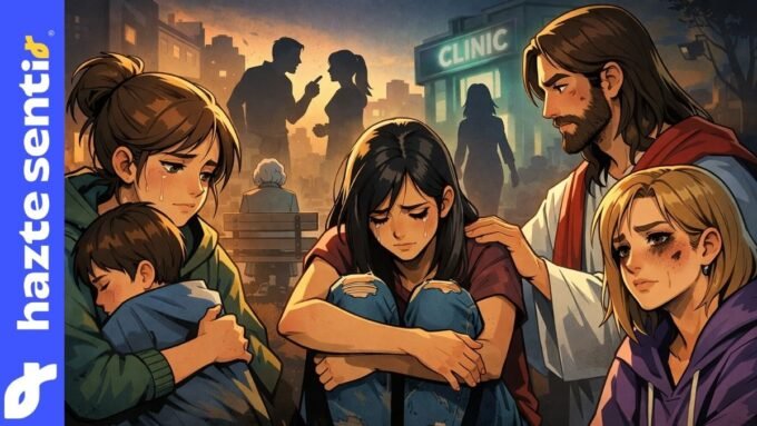 Jesús acompañando a mujeres que sufren, representación de la dignidad de la mujer según el Evangelio