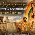 Imagen de la Virgen de Guadalupe con elementos históricos y científicos que representan su historia, documentos y evidencia científica