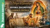 Imagen de la Virgen de Guadalupe con elementos históricos y científicos que representan su historia, documentos y evidencia científica