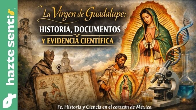 Imagen de la Virgen de Guadalupe con elementos históricos y científicos que representan su historia, documentos y evidencia científica