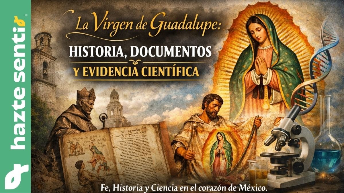 Imagen de la Virgen de Guadalupe con elementos históricos y científicos que representan su historia, documentos y evidencia científica