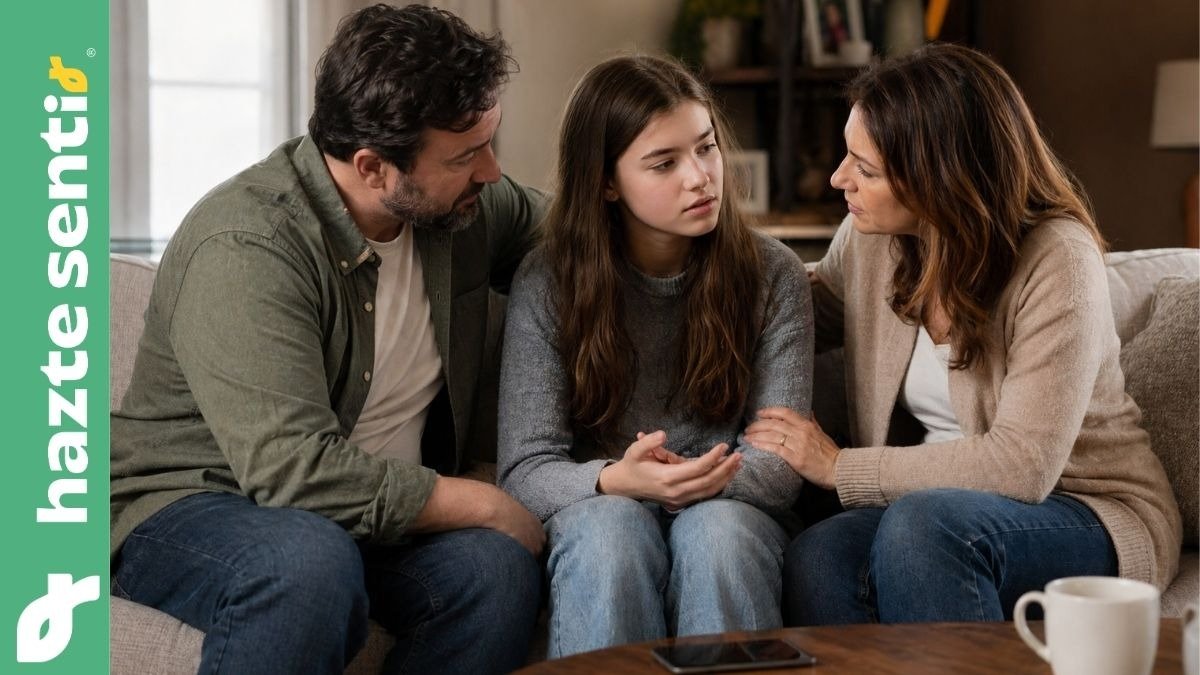 Padre e hijo conversando profundamente para proteger su libertad frente al algoritmo digital.
