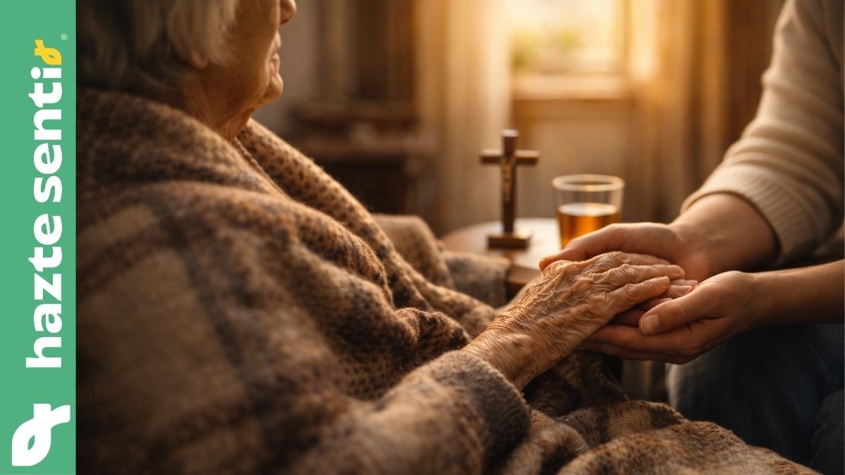 Acompañamiento humano a una persona enferma como símbolo de dignidad frente a la eutanasia.