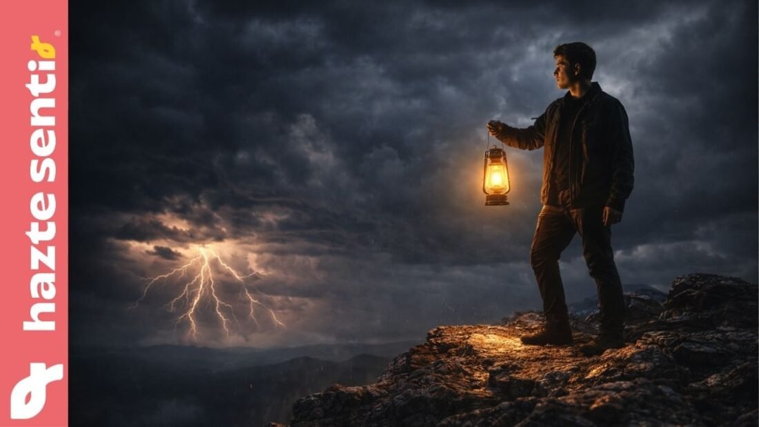 Joven con linterna simbolizando la esperanza y la fortaleza ante la incertidumbre.