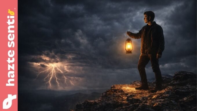 Joven con linterna simbolizando la esperanza y la fortaleza ante la incertidumbre.