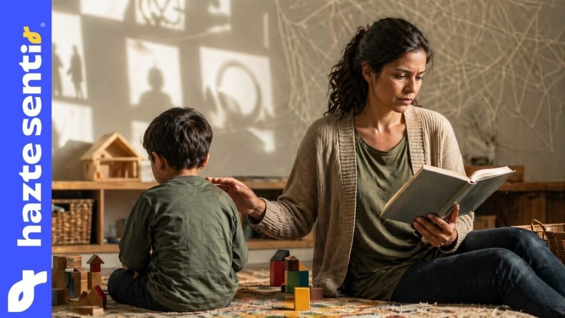 Madre revisando un libro escolar mientras protege a su hijo pequeño en casa ante la influencia ideológica en la educación